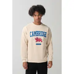 KOAJ - Buzo kaki claro cuello redondo con arte de Cambridge Hombre