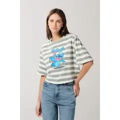 KOAJ - Camiseta a rayas crema crop top oversize de Lilo & Stit Mujer