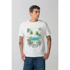 KOAJ - Camiseta manga corta crema con arte de playa Hombre