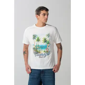 KOAJ - Camiseta manga corta crema con arte de playa Hombre