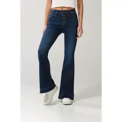 KOAJ - Jean flare azul oscuro con tiro alto, botones y bota ampl MUJER