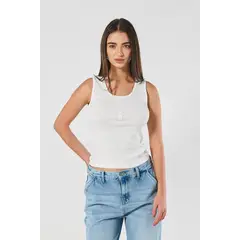 KOAJ - Camiseta manga sisa unicolor con botones y texturas de ca MUJER