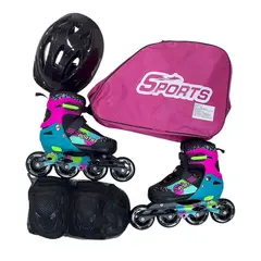 SPORT - Kit Patines Semiprofesional Fucsia Azul Talla L