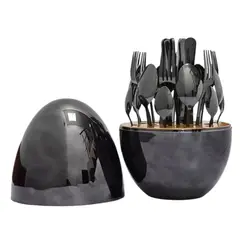 GENERICO - Set Cubiertos De 24 Piezas Acero Inox Negro + Estuche Huevo