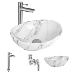 GENERICO - Kit Completo Lavabo Venato Oval-sifón -grifo Satín Agua Fría