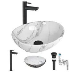 GENERICO - Kit Completo Lavabo Venato Oval-sifón -grifo Negro Agua Fría