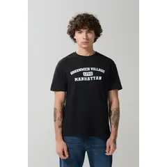 KOAJ - Camiseta negra cuello redondo con arte college blanco Hombre