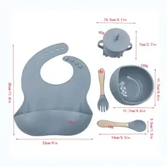 GENERICO - SET TAZÓN BABERO CUCHARA TENEDOR VASO SILICONA BEBÉ-AZUL