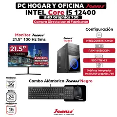 JANUS - Computador Intel Core i5-12400 RAM 16GB SSD 1TB Monitor 22 Pulgadas 100Hz