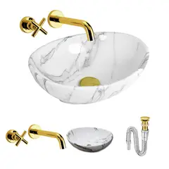 GENERICO - Kit Lavamanos Oval-sifón- Grifo Registro Dorado Pared Agua Fría