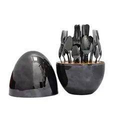 GENERAL - Juego Cubiertos Estuche Huevo Negro 24 Piezas Acero Inoxidable