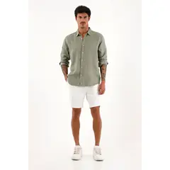 TENNIS - Camisa verde manga larga en lino 100% para hombre