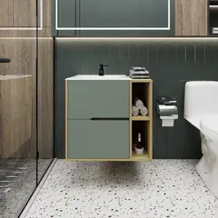 RTA DESIGN - Mueble Para Lavamanos Camen Agave y Fresno Europeo Incluye Lavamanos Corona en Porcelana Sanitaria
