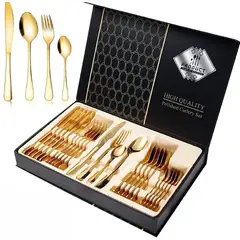 SHEN HUANG - Juego De Cubiertos Set 24 Piezas Acero Inoxidable Dorado