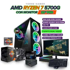 AMD - PC GAMER RYZEN 7 5700G / 32GB RAM/ SSD 1TB/ BOARD A520/ 500W/ MONITOR FHD 22"