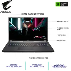 AORUS - PORTATIL GIGABYTE 17H CI7-13700H RAM 32GB DDR5 SSD 1TB M.2 RTX 4080 12GB 17.3" IPS 360HZ