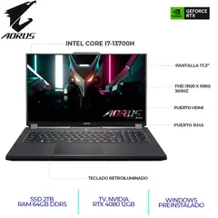 AORUS - PORTATIL GIGABYTE 17H CI7-13700H RAM 64GB DDR5 SSD 2TB M.2 RTX 4080 12GB 17.3" IPS 360HZ