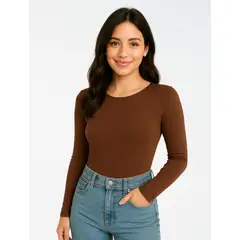 MOLGOA - Body para Mujer Cuello Redondo Manga Larga - Rebeca Mocca