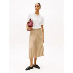 TOMMY HILFIGER - Falda beige midi plisada con logo en cintura