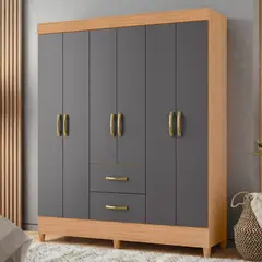 GENERICO - Clóset 6 Puertas y 2 Cajones Gris Roble Armario Moderno 147×181×47 cm en MDF de Alta Capacidad