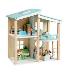 GENERICO - Casa de Muñecas Madera + Mobiliario completo Madera, 2 pisos