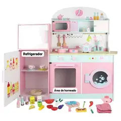 GENERICO - Cocina Infantil Madera + Nevera + Set Loza + Nevera + Horno