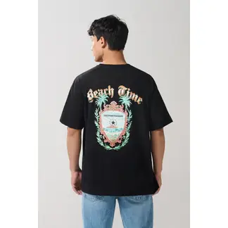 KOAJ - Camiseta negra oversize manga corta con diseños de pla Hombre