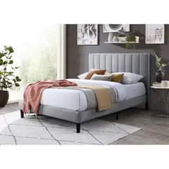 GENERICO - Cama Doble Lisa Gris Claro madera roble tapizada