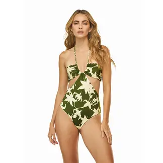 DULZAMARA - Vestido de baño entero verde estampado con escote eb cintura ziba