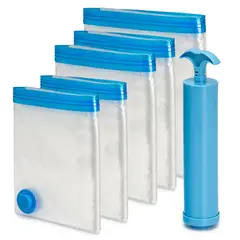 ENERGY PLUS - Set x5 Bolsas al Vacío para Ropa y Cobijas con Bomba Manual