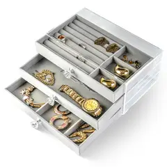 ENERGY PLUS - Joyero Organizador Joyas 3 Niveles Transparente y Divisiones Gris