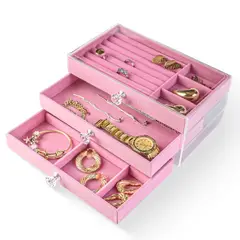ENERGY PLUS - Joyero Organizador Joyas 3 Niveles Transparente y Divisiones Rosado