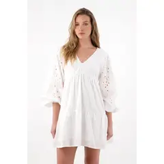 TENNIS - Vestido corto de manga larga en ojalillo para mujer