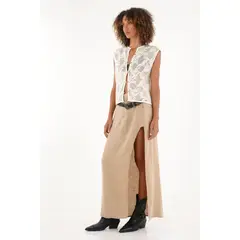 TENNIS - Falda crudo en 100% lino con abertura para mujer