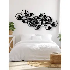 GENERICO - Cuadro decoración pared Mosaico Hexagonal Modular Hojas MDF Negro