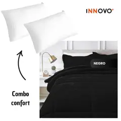 INNOVA - Combo Cubrelecho Térmico Ovejero Doble Funda Negro + 2 Almohadas