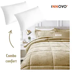 INNOVA - Combo Cubrelecho Térmico Ovejero Doble Funda Beige + 2 Almohadas