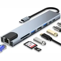GENERICO - Hub 8 en 1 Adaptador multipuertos HDMI Ethernet USB 3.0 Tipo C
