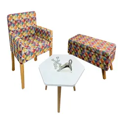 DKO DESIGN - Combo Sala Colors Poltrona 88X59X55 + Banqueta Baúl + Mesa de Centro Hexagonal