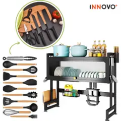 INNOVA - Combo Escurridor Puerta + Set Utensilios X12 + Set X6 Cuchillos Negros