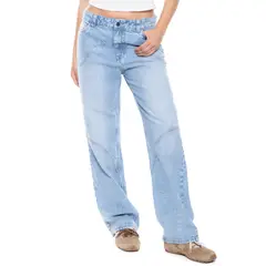 COLOR BLUE - Medium Waist Wide Leg Jeans Tono Medio