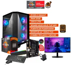 AMD - PC Gamer Ryzen 5 5600GT /RAM 32GB/SSD 2TB /Monitor 100Hz 22”/A520 WiFi /600W