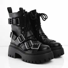 CALZADO ADRENALINA - Botas negras con cordones y múltiples correas plata newton