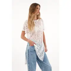 TOPMARK - Camiseta larga en encaje crudo para mujer