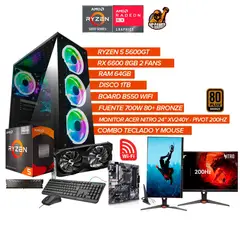 AMD - PC Gamer Ryzen 5 5600GT RX 6600 8GB Monitor 24” 200Hz Pivot 64GB RAM 1TB SSD