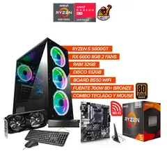 AMD - Torre Gamer Ryzen 5 5600GT RX 6600 8GB 32GB RAM 512GB SSD WiFi 700W 80+ BRZ