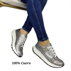 EVEGONZ - Tenis en Cuero Zapato Plateado Deportivo