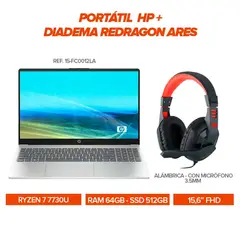 HP - Portátil Ryzen 7 7730U / RAM 64GB / SSD 512GB / 15.6” FHD / Diadema Redragon Ares con Micrófono