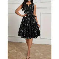 GENERICO - Prenda Vestido Negro rayas Blancas Manga siza voladizo Cinturón Talla M