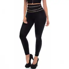 VIA7 - Leggins talle alto negro ajustado con cadenas en la pretina